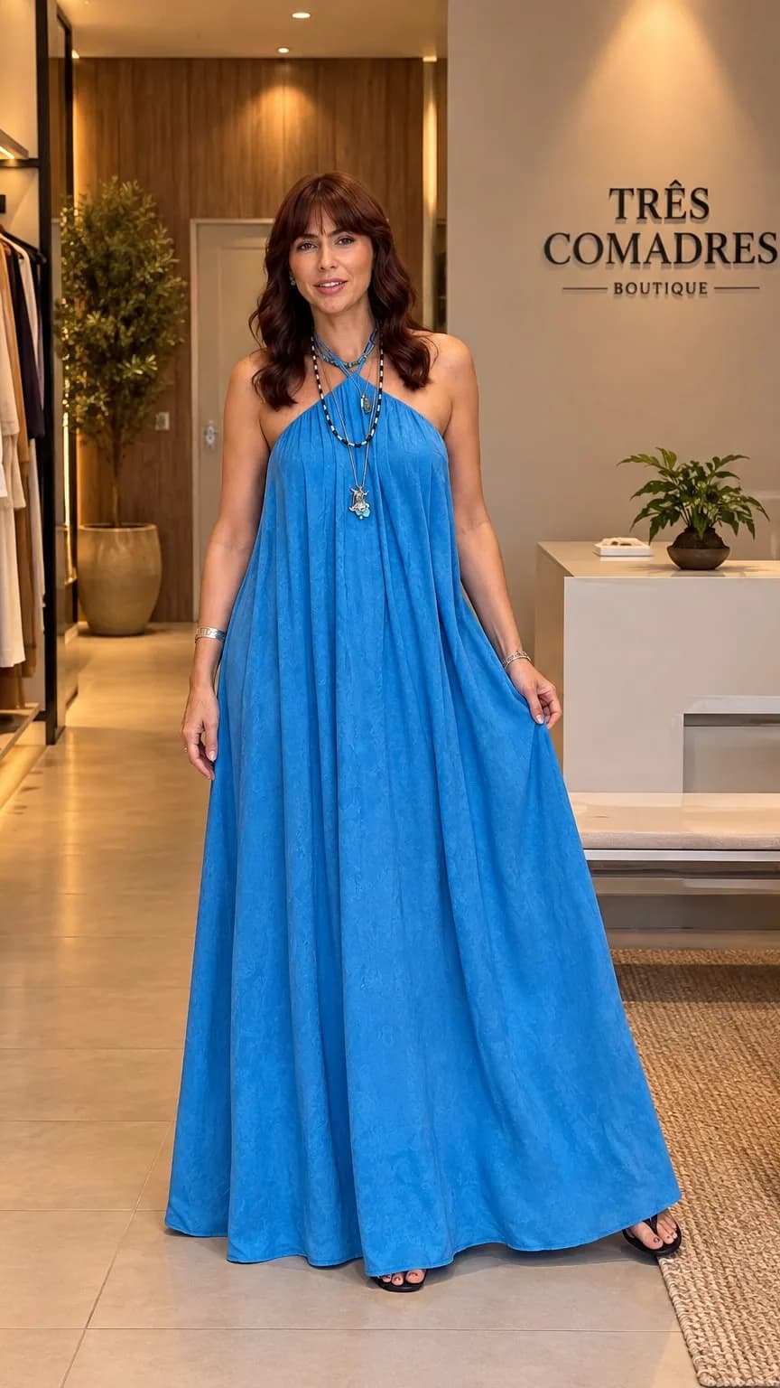 Vestido azul de alcinha, dentro da loja